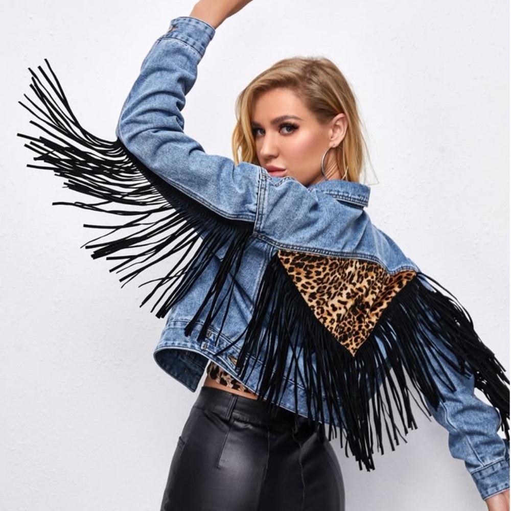 SHEIN Jean Jacket Blue and Black with Fringe and Animal Print